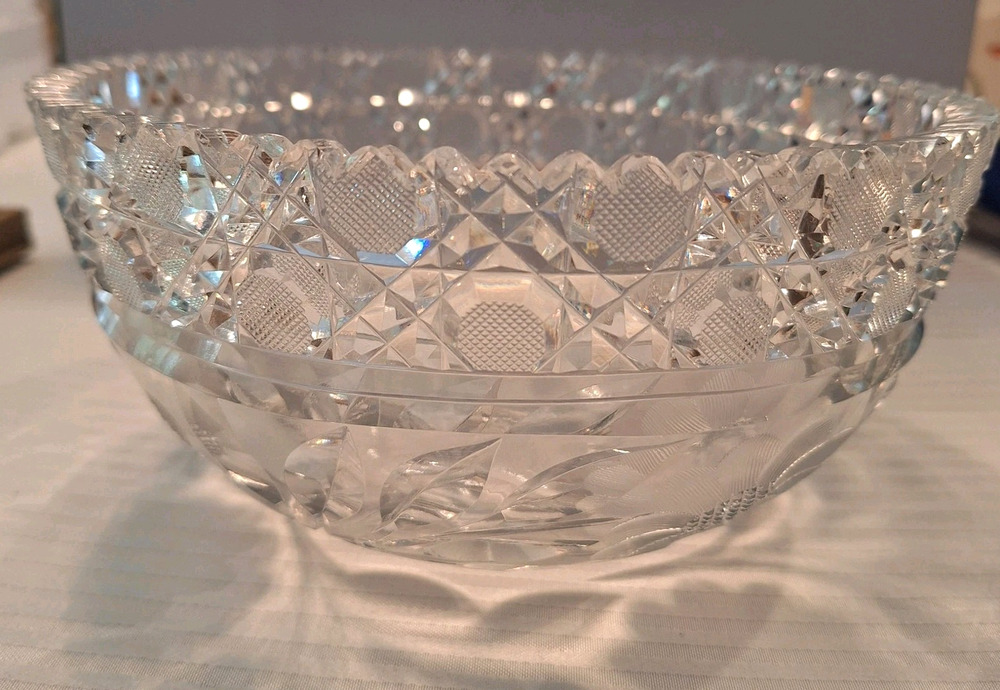 Antique ABP Fry Cut Glass Bowl Intaglio Daisy Floral Heavy Lead Crystal 8"